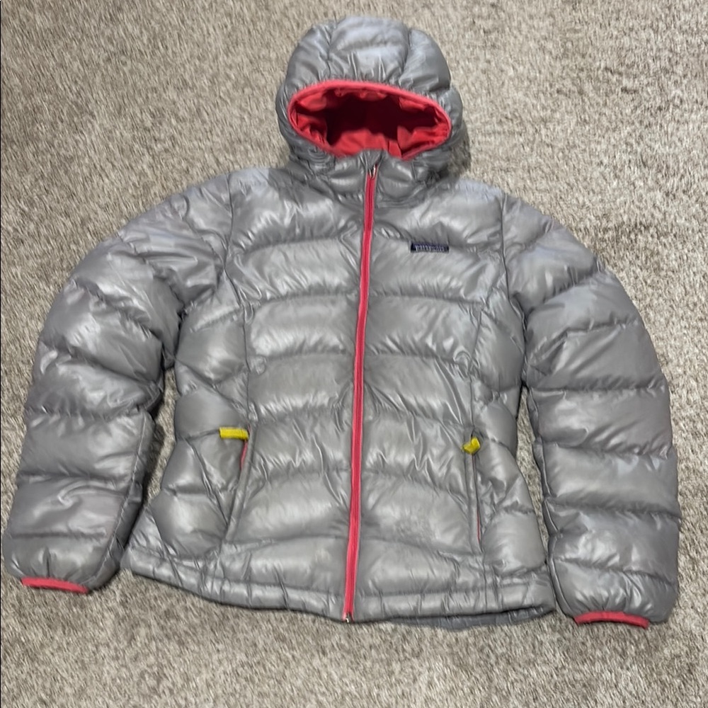 Patagonia Hi-Loft Down Hooded Jacket, Silver and Pink,coral interior& accents